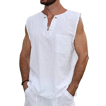 Мъжки леки блузи без ръкави MALCIKLO, дишащ памук ленена жилетка с V-образно деколте, с технологията за бързо сушене и удобен