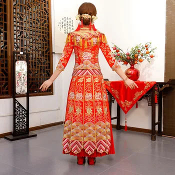 Китайското традиционната сватбена рокля Чонсам червено дълго свободно винтажное рокля с дракон и фениксом, ориенталски яки, традицията булката