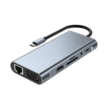 11 в 1 Зарядно устройство Type C USB Хъб 3.0 Сплитер Многопортовый Адаптер 4K, HDMI-Съвместим RJ-45 SD/TF VGA PD Ethernet аудио жак