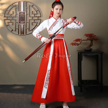 Мъжки Дамски традиционната китайска пола с бродерия + върховете-кимоно за възрастни Ханьфу, китайски народни танцови изпълнения, бойни ханьфу