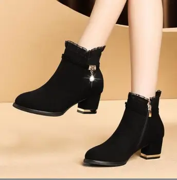 Зимни нови елегантни ботильоны дамски дантелени къси ботуши дамски модни вечерни обувки на висок ток Suedes Обувки класически черни
