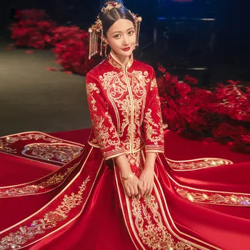 2022 Традиционното винтажное булчинската рокля на булката с червена бродерия в ретро-в китайски стил, изискан и стилен чонсам с яка-часова