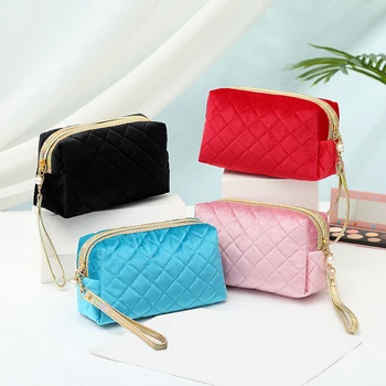 Златисто кадифе женски козметични чанти с имитация на перли, пътни чанти за съхранение на телефони с цип, реколта косметичка в стил Харбър за момичета