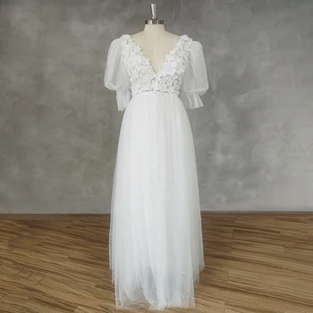 DIDEYTTAWL Реалното 3D изображение на цветя буйни ръкави дълбоко V-образно деколте трапециевидное сватбена рокля от тюл с отворен гръб с дължина до пода на сватбена рокля