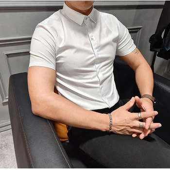 Мъжка лятна бизнес мека риза с къс ръкав, приталенная, с бродерии, от висококачествен памук, мъжки офис облекло