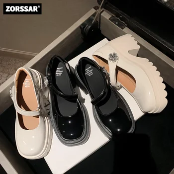 Дамски модел обувки Mary Janes на висок ток, обувки-лодка от телешка кожа на платформа в стил Лолита, каишка за щиколотке, масивен ток, дамски обувки за офиса