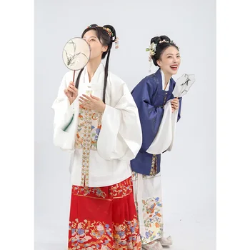 Оригинална рокля YouChun за жените от династията Мин Ханфу, красиви сатенени блузи с квадратна деколте и къси ръкави, бродирани котки, и пола с участието на конски муцуни