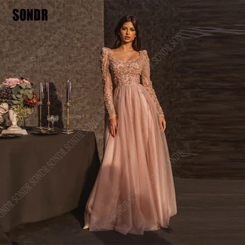SONDR Queen Розови дантелени дълги вечерни рокли с пищни ръкави и аппликацией трапецовидна форма Вечерни рокли принцеса Рокля Vestidos 2023