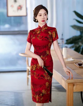 Секси тънки чонсамы, елегантни дамски ципао с къс ръкав в ретро класически китайски стил с флорални принтом