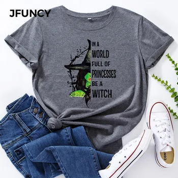 JFUNCY/ ежедневни памучен тениска, дамска тениска с принтом Хелоуин, извънгабаритни дамски тениски в стил харадзюку с графичен дизайн, върхове