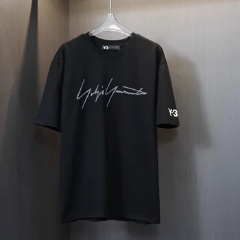Y-3 Година 3 Yohji Yamamoto Лятна нова мъжка тениска от чист памук с модерен фирмен принтом, универсална ежедневна тениска с къс ръкав
