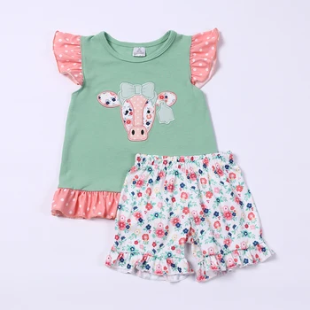 Празничен комплект дрехи за малките момичета 2023, нов летен стил с малки летящими ръкави в цветенце, дизайнерски, детски съоръжения, прекрасна розово-зелени
