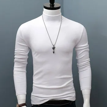 Есен-зима, топло мъжки базова однотонная тениска с имитация на шията, блуза, пуловер с дълъг ръкав, обикновен мъжки тънък основния участък на пуловер