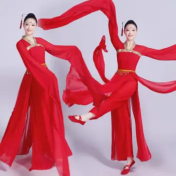 Червено дамско естетически рокля Hanfu за класическия танц с водни ръкави, рокля за изказвания, качающиеся ръкави, невероятен танц