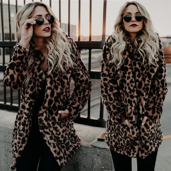 Зимна нова мода дамско яке от изкуствена кожа, палта със средна дължина, с леопардовым модел, палто от изкуствена кожа
