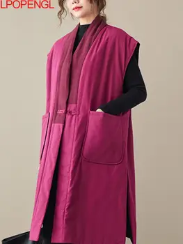 Ретро жилетка Дамски есенно-зимни дрехи 2022 г., нова жилетка със средна дължина, с катарама голям размер, ватиран елек, яке