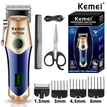 Kemei Акумулаторна машина за подстригване безжична машинка за оформяне на брада и коса за мъже, мощна електрическа машина за рязане на коса, регулируем подстригване