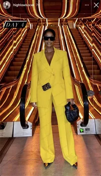 Жълти дамски костюми, комплект панталон, 2 броя, сако + панталон, яке на една пуговице, зашити по поръчка, модни и ежедневни официалната градинска дрехи, палто за бала