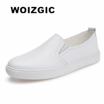 WOIZGIC/ Дамски Дамски обувки от естествена телешка кожа, Бяла вулканизированная Обувки, Лоферы на равна подметка, корейски Слипоны За Почивка LLX-6688