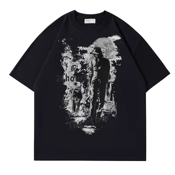 Yohji Yamamoto Y-3 2023 Лятна Мъжка тениска С Тъмен Абстрактно Принтом Унищожаване на Герои, Свободни Блузи с къс ръкав За мъже и Жени