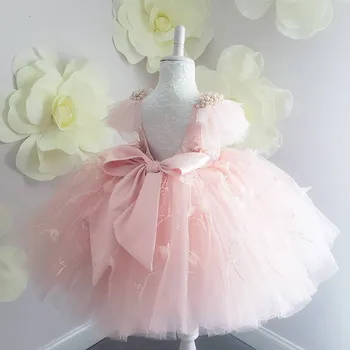 Елегантна рокля за момичета, лятото модерни дрехи за момичета 2023, розова дантела с голям нос, вечерни сватбени рокли принцеса с цветя модел от тюл, дрехи за малките момичета