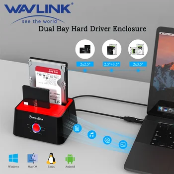 Зарядно устройство за външен твърд диск Wavlink с две отделения, корпус USB 3.0 SATA I/II/III, Автономен Клонирующий конвертор USB A USB C