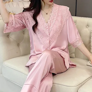 Секси жена пижамный комплект с дантелен завършек, летни розови панталони с къс ръкав, брючные костюми от 2 теми, свободна домашни дрехи от изкуствена коприна, с еластична талия
