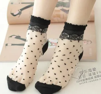 100 чифта/лот, японски и корейски стил, цветни тънки прозрачни ластични дантелени къси чорапи с кристали