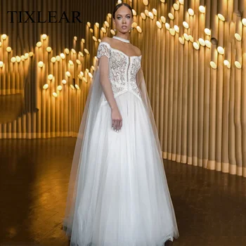 Сватбена рокля Трапецовидна форма Tilxlear в стил Бохо с високо воротом, Дантела и Тюлем, Къс ръкав и Копчета, Модерни Рокли за Бала 2023, Vestido De Noiva