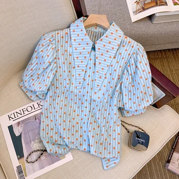 Шифоновая риза с ревери и къс ръкав, дамски лятна новост 2023, свободен топ с вълнообразна линия ръкав, дамски блузи Blusas De Mujer