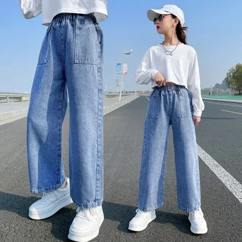 Ново записване, дънки за момичета, широки панталони, директни памучни детски свободни джинси, скъсани дънкови панталони, модни детски дрехи за по-големи момичета