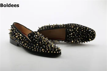 Черни Лоферы от Флока, Мъжки Обувки На равна подметка, Ежедневни Обувки със Златни Шипове, Луксозни Обувки На Нисък Ток С Нитове, Zapatillas Hombre, Големи Размери 37-47