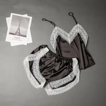 Съблазнителна дантела и сатен летни блузи с V-образно деколте, с пижамата подтяжках, комплект от две части, комплекти, бельо, дамски нощно облекло