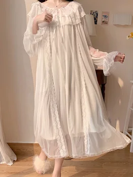 Дамски реколта нощни ризи с волани, пижами принцеса Лолита, бяло дантелено сетчатое прекрасно нощно рокля, викторианската нощница, облекло за почивка