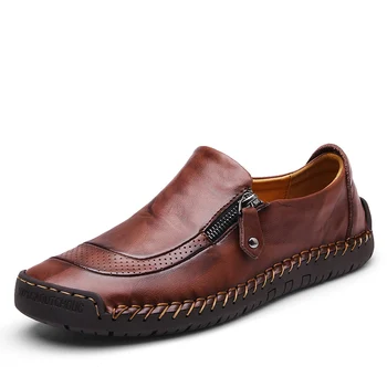 Класически Мъжки Ежедневни обувки От естествена Кожа, Дишащи Мъжки Мокасини върху плоска подметка, Лоферы с цип, Мъжки обувки за шофиране, Голям е размерът на 38-48