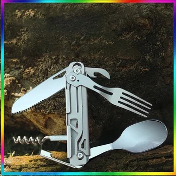 Многофункционален инструмент за оцеляване на открито, преносима, вилица, лъжица, нож джоба за къмпинг, сгъваем нож от неръждаема стомана