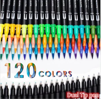120 Цветен четка FineLiner с двоен фитил, чувствах върха писалка за рисуване, акварелни художествени маркери, химикалки, за училищни канцеларски материали