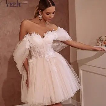 Да, сладко мини сватбена рокля, късо за булката, с плажна тюлевое сватбена рокля с открити рамене, секси рокля с отворен гръб, Vestidos De Новия