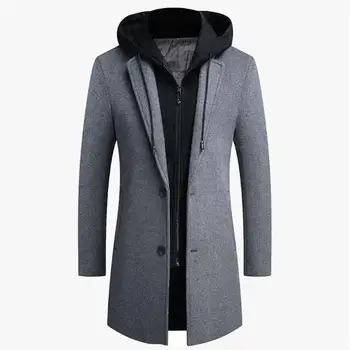 Есенно-зимни мъжки вълна яке с качулка, есен мъжко дълго ветрозащитное вълна палто, ежедневни дебела приталенная яке, мъжки размер M-5Xl, 4 цвята