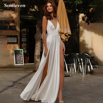 Smileven Секси сватбена рокля русалка в стил бохо с V-образно деколте, сатен прости и чисти рокли за булката, булчински рокли с двойно цепка