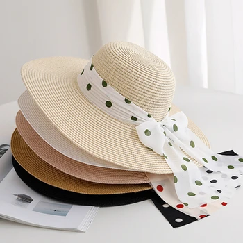 Лятна шапка с широка периферия за жени, сламена шапка с лък в грах, сламена шапка на точки, плажна шапка, защита от слънцето, джаз шапка на дерби в Кентъки