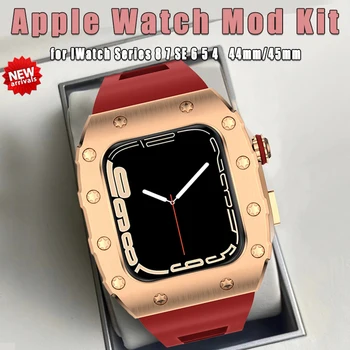 Луксозен комплект модификация метален корпус за Apple Watch 8 7 каишка 45 мм стомана корпус bezel каишка от каучук iWatch Series SE 6 5 4 каишка 44 мм