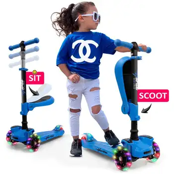HURFS56.5 - 3-колесен скутер Scoot Кид - Играчка скутер за деца и бебета са с вградени led фенери на колела, разтегателен удобна седалка