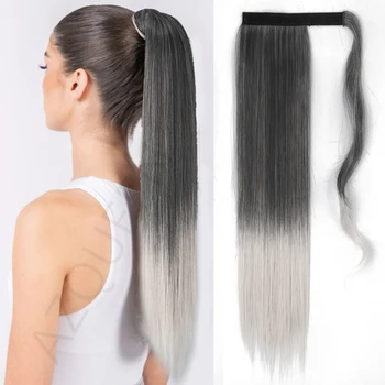 AZQUEEN, дълга права синтетична шнола за коса разширения, 55 см, огнеупорни сива опашка за жени