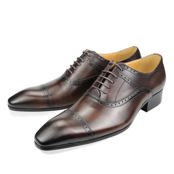 Висококачествени мъжки обувки от естествена кожа, Oxfords, черни обувки са ръчно изработени с перфорации тип 