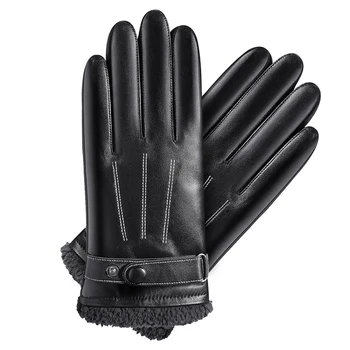 Мъжки ръкавици със сензорен екран, зимни кожени ръкавици, мъжки плюшени сгъстено топли ветроупорен непромокаеми ръкавици за каране на мотоциклет