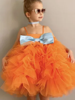 Оранжевото Пищни Рокля с цветя модел за момичета, Розова мини рокля на Принцеса Трапецовидна форма за Сватбеното парти с Лък, Уважаеми Тюлевое Рокля За Първо Причастие, Рокля