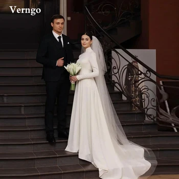 Сватбени рокли Verngo с високо воротом и дълги ръкави, скромни стрейчевые мат сатен сватбени рокли от Дубай, Саудитска Арабия, прости сватбени рокли