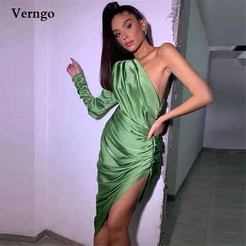 Verngo Модни сатенени рокли за бала на едно рамо, с гънки, с дълги ръкави, с цепка отстрани, дължина до чай, секси вечерна рокля 2021