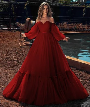 Шифоновое винтажное рокля за абитуриентски бал с отворени рамене, с пищни ръкави, скромна рокля трапецовидна форма, секси вечерна рокля с рюшами